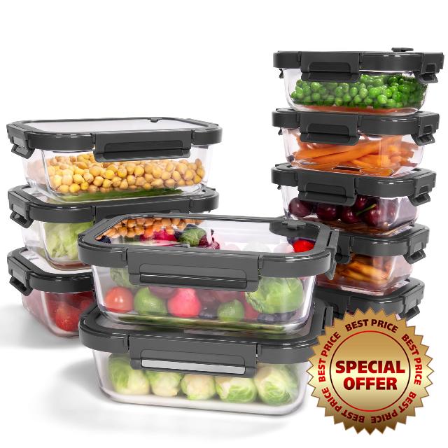 10-Pack Glass Food Storage Containers with Tempered Lids – Borosilicate