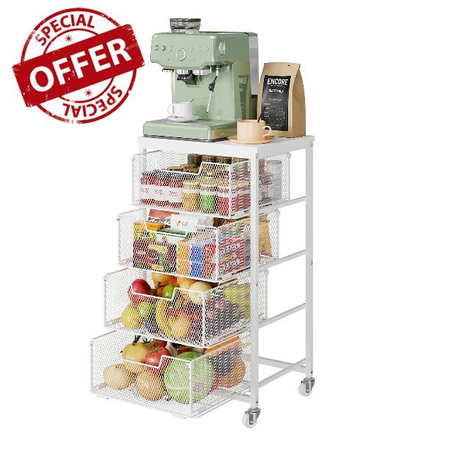 4-Tier Kitchen Storage Cart - Fruit Vegetable Storage Cart with Drawers