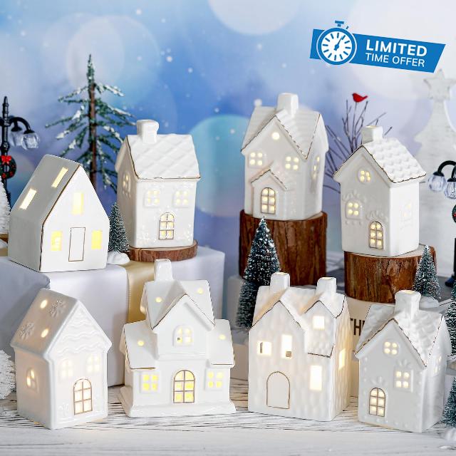 Wesiti 28 Pcs Ceramic LED Christmas Village Set Include 8 LED Christmas Village Houses 18 Xmas Trees 2 Lamp Post Scenes Decor White Porcelain Xmas Figurine Decoration Tabletop Mantel Shelf(Elegant)