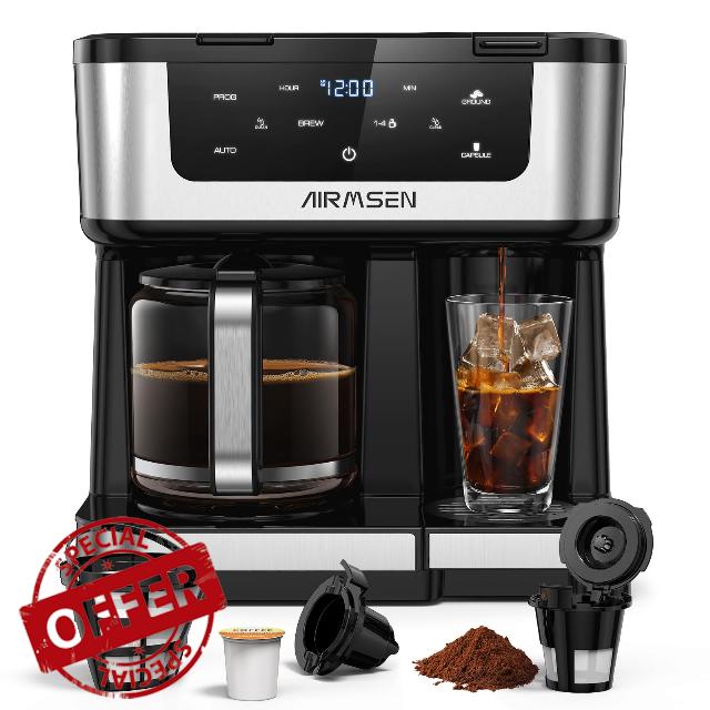 AIRMSEN 12-Cup Programmable Coffee Maker – Single Serve Machine for K-Cup Pods & Ground
