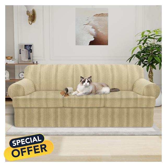 Waterproof Couch Cover 4-Piece Set Striped Sofa Slipcovers for 3 Separate T Cushion Couch - TPU Fabric Sofa Covers Leakproof Couch Protector for Kids