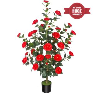 47.24"/3.94FT Artificial Camellia Trees with 36 Red Flowers in Cement Pots – Lifelike Fake Trees for Front Porch