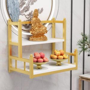 Modern Wall-Mounted Buddhist Altar Shelf Metal Prayer Table for Buddha Statue Personal Shrine Altar Table Multi-tiered for Layered of Incense & Offerings Household Shrine Display Stand.(Gold+w board