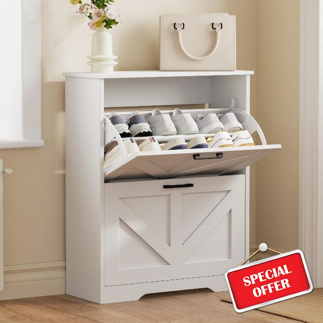 Farmhouse Shoe Cabinet for Entryway with Barn-Style Flip Drawers