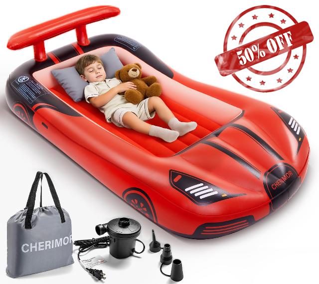 Inflatable Toddler Travel Bed with Safety Bumpers & 2 Mins Auto Inflation Pump