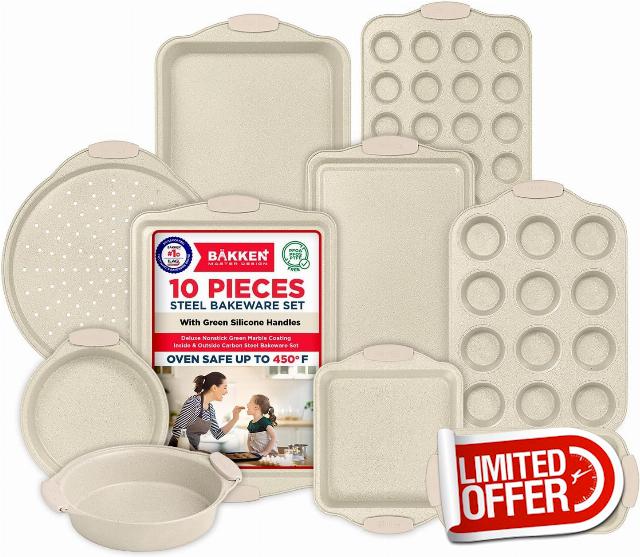 10-Piece Nonstick Bakeware Set – Heavy-Duty Carbon Steel Pans with White Silicone Handles