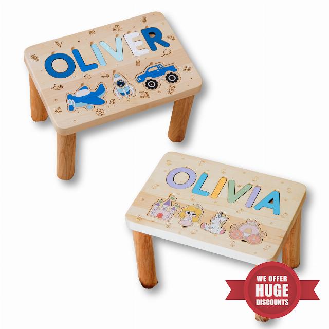 Busy Puzzle Custom Kids Step Stool – Personalized Wooden Name Stool – Toddler Step Stool – Smooth Finish – Cute Design – Blue and Pink – Ages 1+