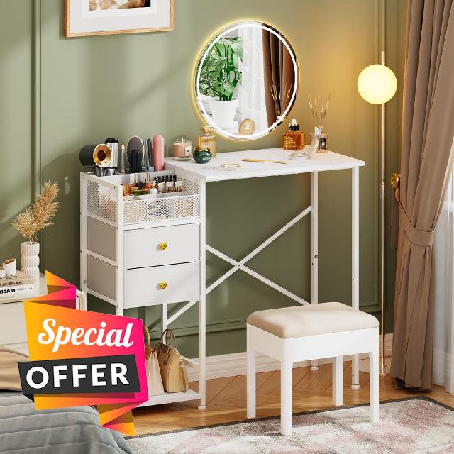 White Vanity Desk with 2 Fabirc Drawers