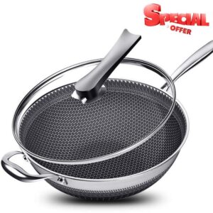 13.4” Stainless Steel Wok Pan with Lid – Honeycomb Non Stick Stir Fry Pan for Induction