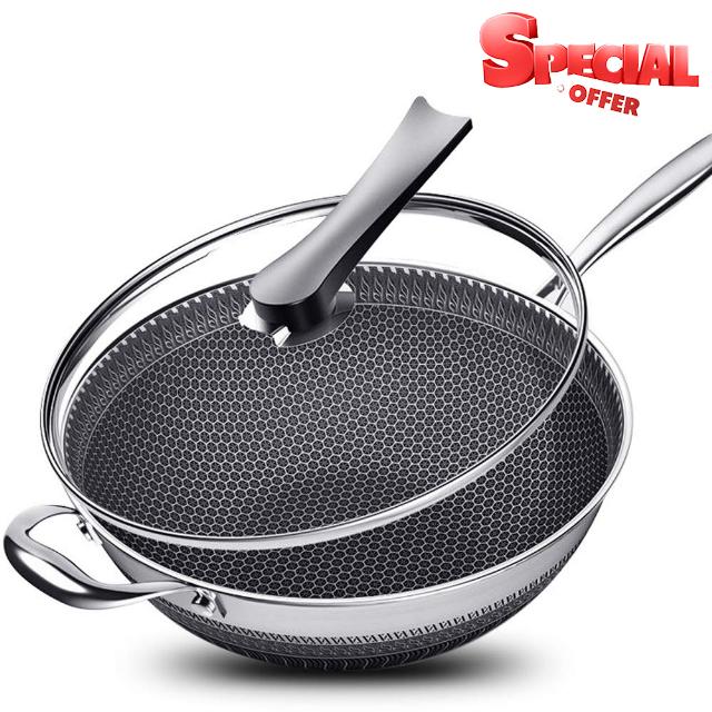 13.4” Stainless Steel Wok Pan with Lid – Honeycomb Non Stick Stir Fry Pan for Induction