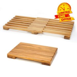 Teak Shower Mat - Adjustable Length Wooden Bathroom Mats for Inside Shower with Non-Slip Rubber Outdoor Floor Mat for Spa