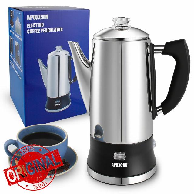 Electric Coffee Percolator Stainless Steel Coffee Maker with Clear Brew Progress Tough Glass Knob and On/OFF Switch Classic Coffee Pot with Keep Warm & Cordless Serve No Aluminum (12 Cup)