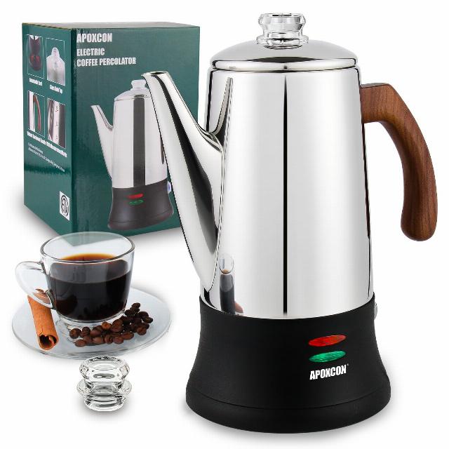 Electric Coffee Percolator Stainless Steel Coffee Maker with Two Heat Resistant Glass Knob & Treated Solid Wood Handle Keep Warm Cordless Serve Elegant Design Coffee Pot On/OFF Switch 8 Cup