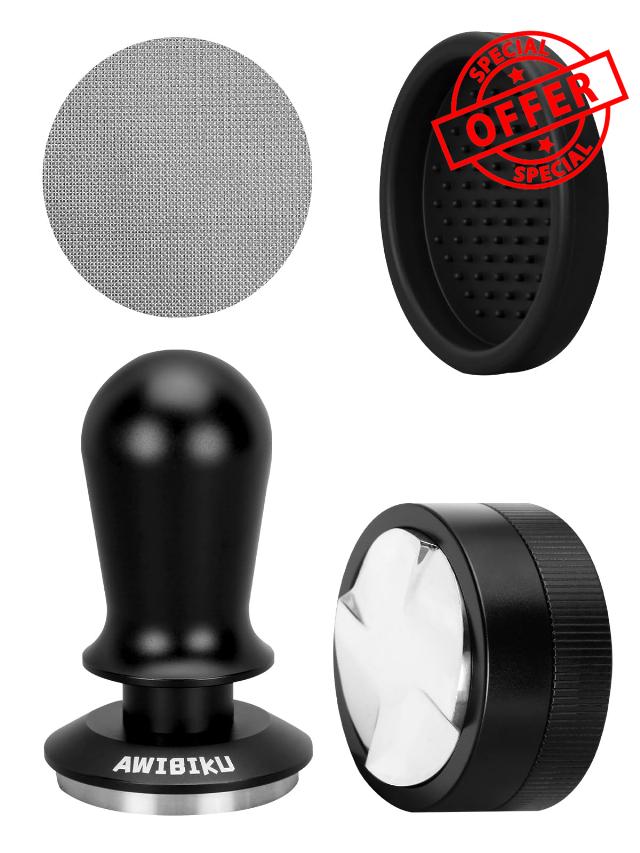 53.3mm Espresso Tamper Set with Distributor & Puck Screen – Spring-Loaded 30lb Tamper