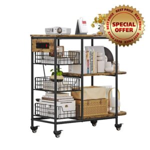 LINZINAR Kitchen Bakers Rack with Power Outlet Coffee Bar Table 3 Tiers Microwave Oven Stand with Wheels Pull-Out Wire Basket Kitchen Storage Shelf Rack for Spices Pots and Pans (Black