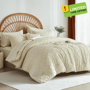 Beige Tufted Comforter Set Queen Size 7 Piece Bed in a Bag
