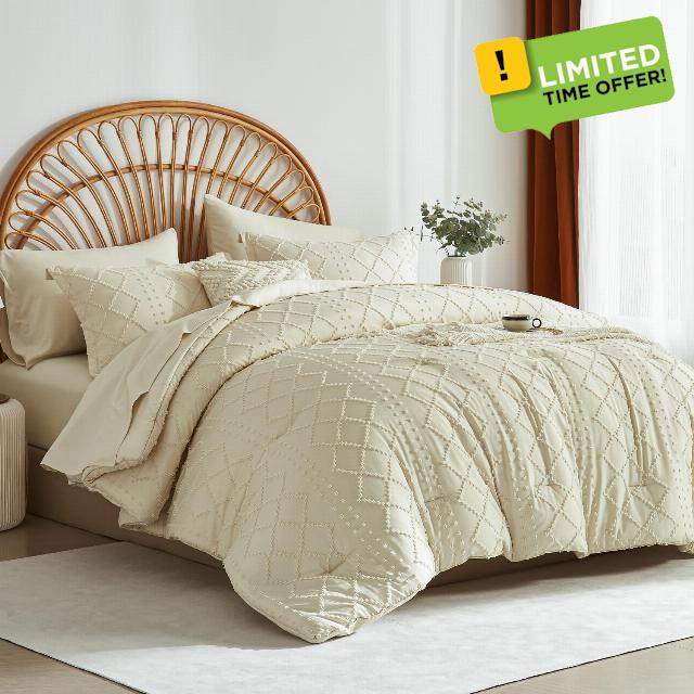 Beige Tufted Comforter Set Queen Size 7 Piece Bed in a Bag