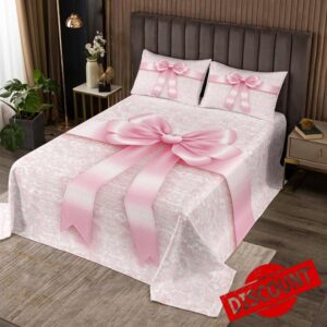 Erosebridal Pink Bow Coverlet Set Queen Size Florals Stamp Bedding Set for Kids Girls Women 3D Princess Bowknot Quilted Coverlet Ribbon Dreamy Bow Tie Quilted