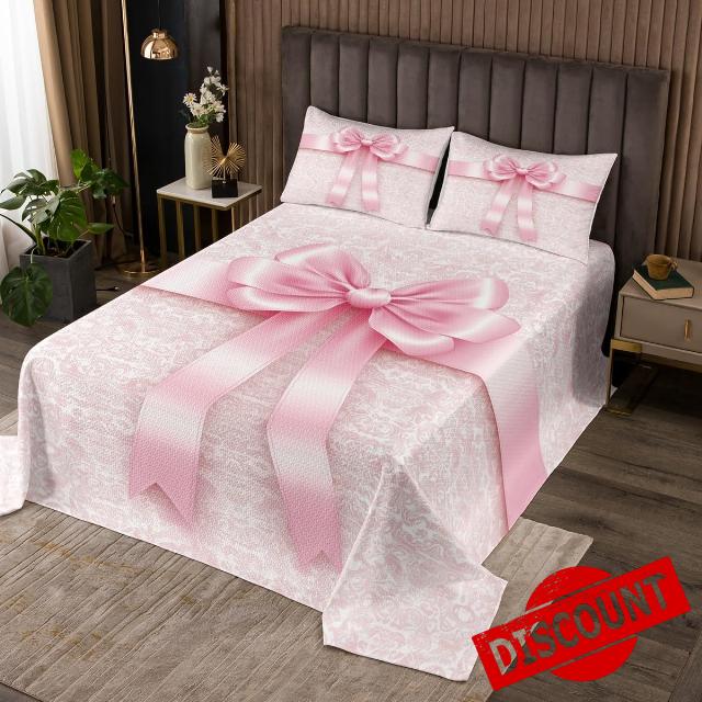 Erosebridal Pink Bow Coverlet Set Queen Size Florals Stamp Bedding Set for Kids Girls Women 3D Princess Bowknot Quilted Coverlet Ribbon Dreamy Bow Tie Quilted