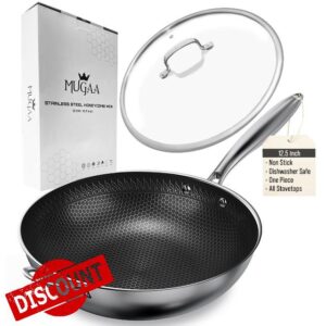 Wok Pan Stir-Fry with Lid | Non Stick Stainless Steel Woks Stir Fry Pans | Non Toxic Cookware