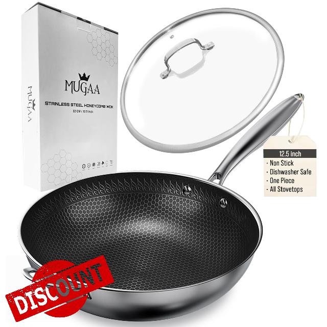 Wok Pan Stir-Fry with Lid | Non Stick Stainless Steel Woks Stir Fry Pans | Non Toxic Cookware
