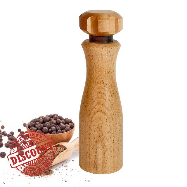 Wooden Pepper Grinder – 【Gear-Shape Knob & Effortless Grinding】8 in Salt Grinder Refillable & Pepper Mill with Adjustable Coarseness