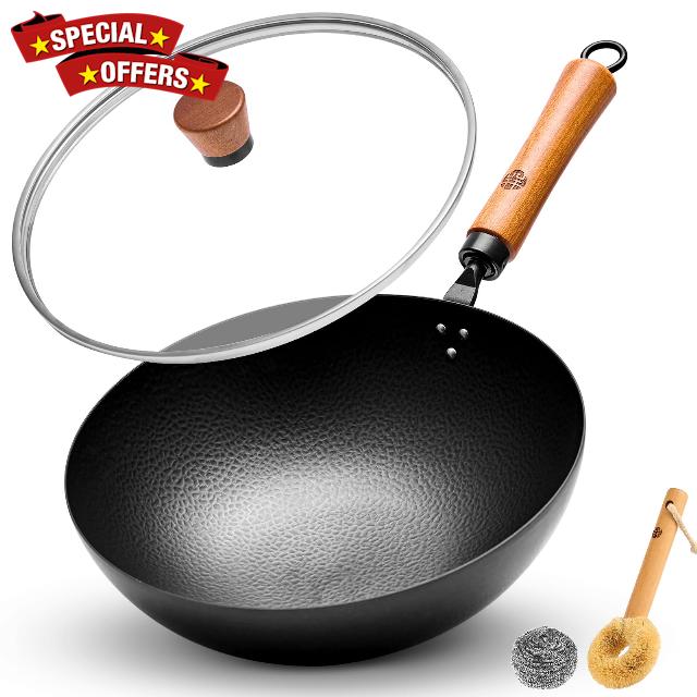 WANGYUANJI 11" Traditional Round Bottom Iron Wok - Authentic Chinese Wok for Gas Burners Only (Requires Wok Ring Support)