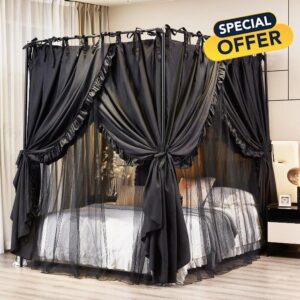 Akiky 4 Corners Post Canopy Bed Curtains Double Layer Cozy Drape Netting 4 Opening Mosquito Net Mesh for Girls Bedroom Decoration(Black