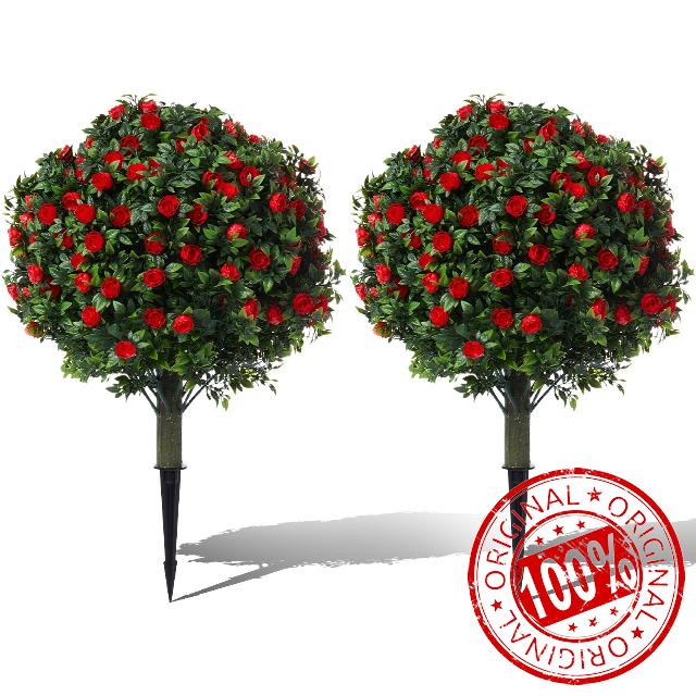 24" Artificial Boxwood Topiary Ball Trees with Red Rose