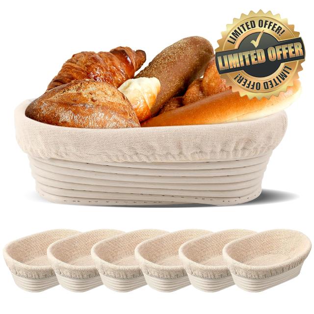 10 inch Oval Banneton Bread Proofing Basket Set of 6 with Liner Sourdough Starter Kit Sourdough Bread Baking Supplies Banneton Basket