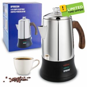Electric Coffee Percolator Stainless Steel Coffee Maker with Tough Glass Clear Brew Progress Knob & On/OFF Switch Keep Warm Cordless Serve for Home and Hotel Room Use Gift Box Packaging 6 Cup