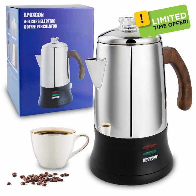 Electric Coffee Percolator Stainless Steel Coffee Maker with Tough Glass Clear Brew Progress Knob & On/OFF Switch Keep Warm Cordless Serve for Home and Hotel Room Use Gift Box Packaging 6 Cup
