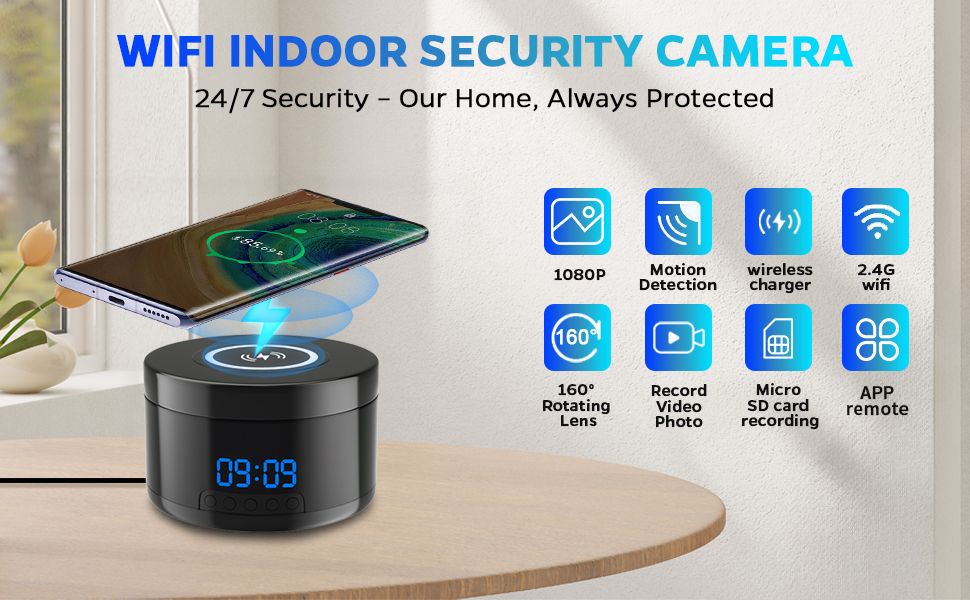 small security camera, clock camera, nanny cam, mini wifi cameras wireless phone charger