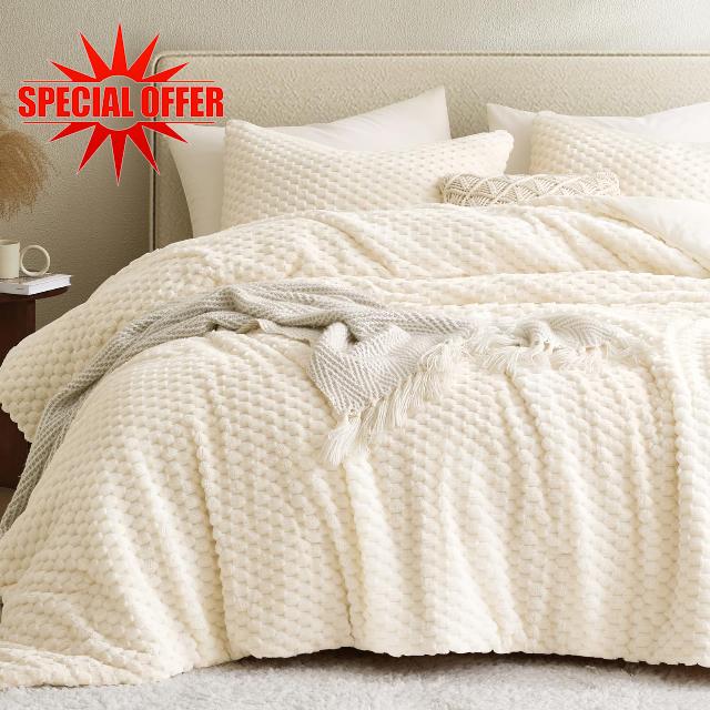 Petrichor Fluffy Queen Comforter Set - Ultra-Soft Cream White Flannel Thick Comforter for Queen Bed