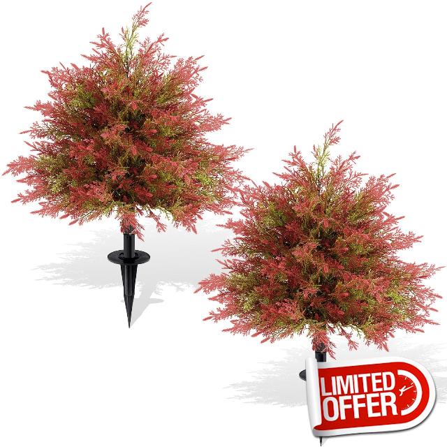 24" Artificial Fall Flower Bushes with Ground Stakes – Orange Faux Floral Plants with Autumn Leaves for Outdoor Thanksgiving