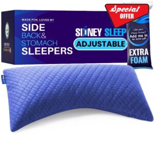 Sidney Sleep Pillow for Side and Back Sleepers - Comfort for Neck and Shoulder Pain - Adjustable and Customizable Shredded Memory Foam Filling - King Size - Extra Foam Fill Included (Blue