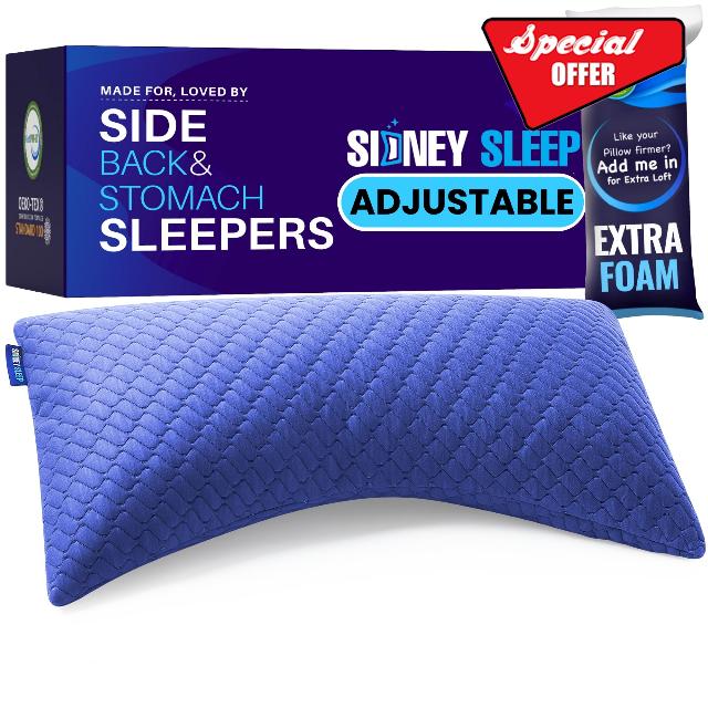 Sidney Sleep Pillow for Side and Back Sleepers - Comfort for Neck and Shoulder Pain - Adjustable and Customizable Shredded Memory Foam Filling - King Size - Extra Foam Fill Included (Blue