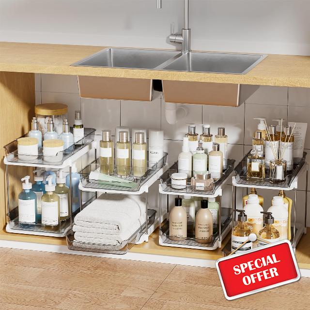 Delamu 4 Sets of 2-Tier Multi-Purpose Bathroom Cabinet Under Sink Organizers and Storage