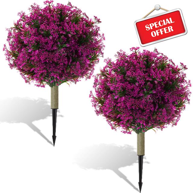 Yunlly 24'' Set of 2 Artificial Topiary Ball Tree with Flowers Artificial Plants Outdoor