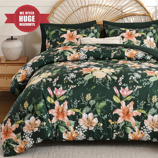 Drucon Queen Comforter Set - 7 Pieces Floral Dark Green Soft Bedding Sets