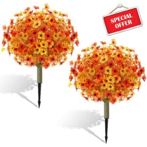 Yunlly 2 Pcs Fall Artificial Mums Topiary Ball Tree for Outdoor 24" UV Resistant Autumn Faux Bush Shrub Faux Violet Plant Fall Decorations for Porch Patio Garden Autumn Outdoor Decor(Mix Colors)