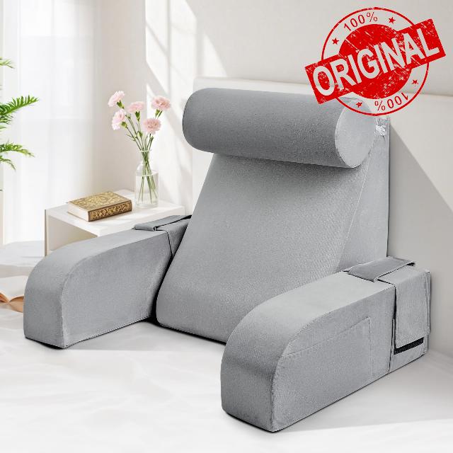 Reading Pillow for Sitting in Bed Adult Multi-Function Grey Back Pillow Bed Chair with Arm Rest Big Pockets