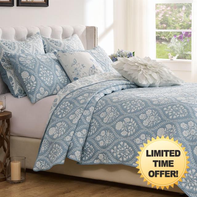 Greenland Home Fashions Serena Contemporary Floral Reversible Matelassé Coverlet Set
