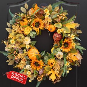 Fall Wreath 24 Inch Fall Wreaths for Front Door Outside with Sunflowers