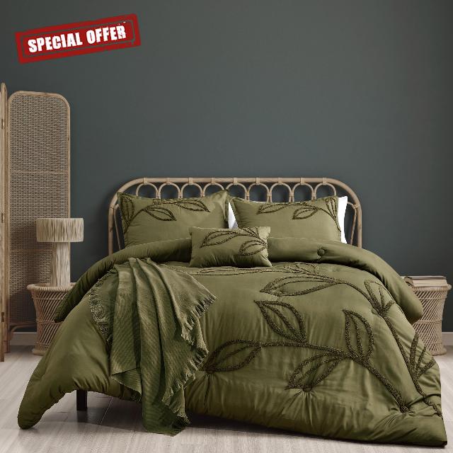 ESCA Floral Olive Comforter Set Queen Size Apria 5-Pieces Green Chenille Bedding Set