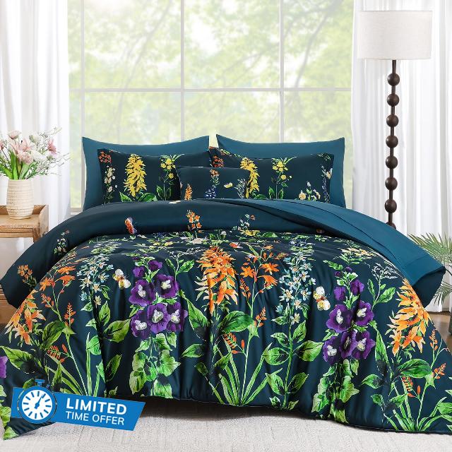WONGS BEDDING Queen Comforter Set 8 Piece Blue Floral Bedding Set