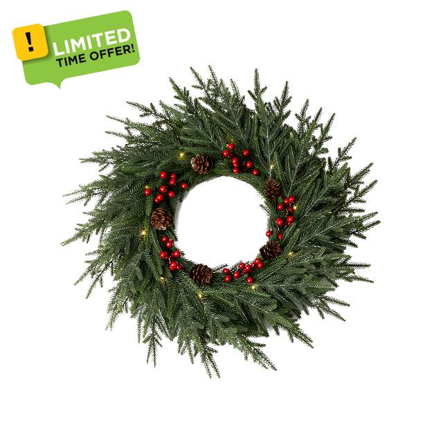 24" Pre-Lit Artificial Christmas Wreath -Battery Operated - Christmas Decorations -Decorated with Pine Cones