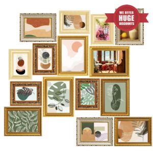15 Pcs Gold Vintage Picture Frames for Wall or Tabletop Display Ornate French Country Frame Collage with 8x10 5x7 4x6 Frames Set for Gallery Bedroom Living Room