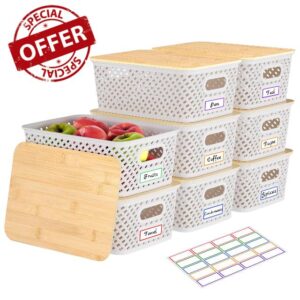 8 Packs Plastic Storage Bins with Bamboo Lids - Stackable Storage Bins Decorative Small Basket Containers for Organizing Shelves Office Classroom Desktop Closet