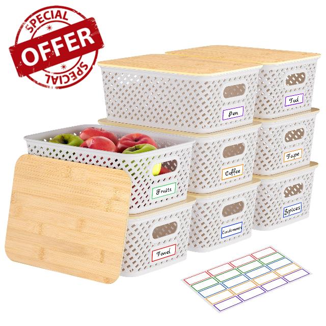 8 Packs Plastic Storage Bins with Bamboo Lids - Stackable Storage Bins Decorative Small Basket Containers for Organizing Shelves Office Classroom Desktop Closet
